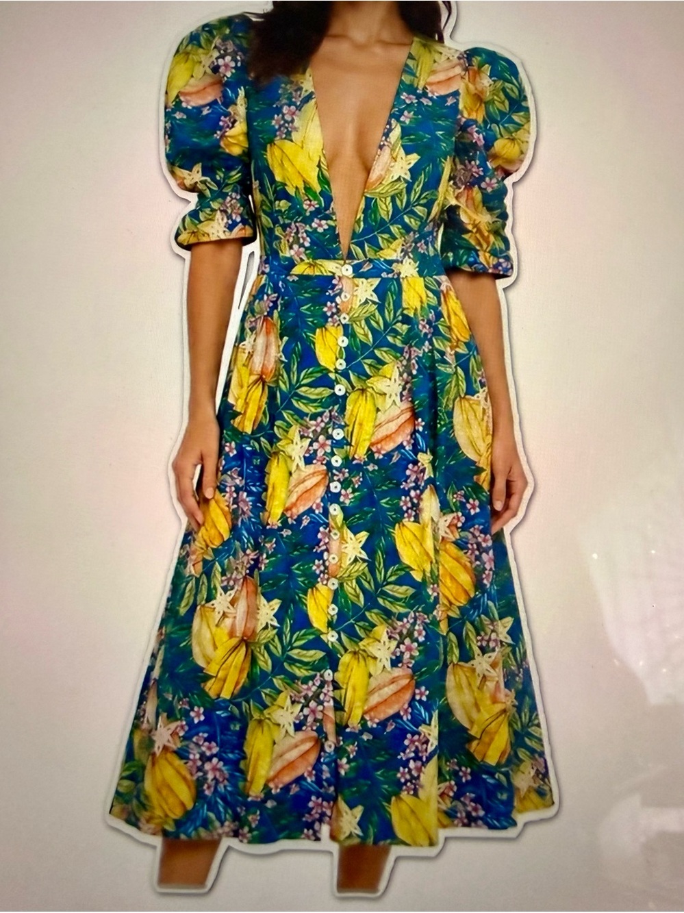 FARM Rio Green Tropical Midi Dress with Yellow & Pink Floral Print